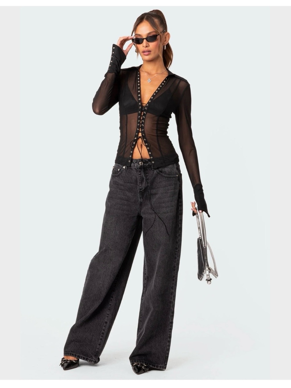 Edikted Black Sheer Lace-Up Mesh Blouse - Picture 2 of 4